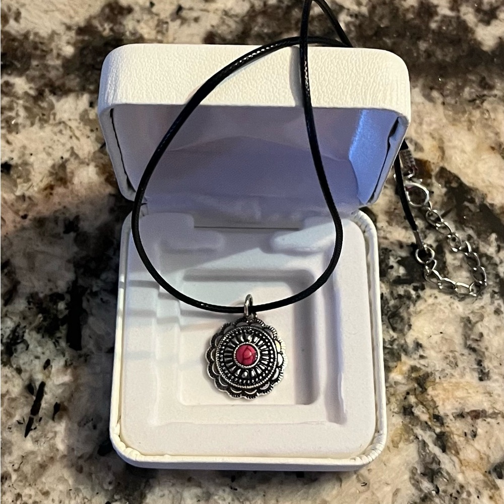 Intricate Silver, Black and Pink Pendant Necklace- black leather cord. New.